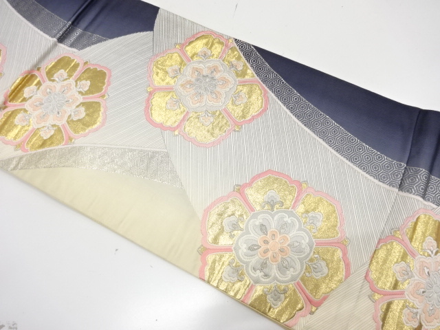 JAPANESE KIMONO / ANTIQUE FUKURO OBI / SILK / WOVEN FLORAL CREST